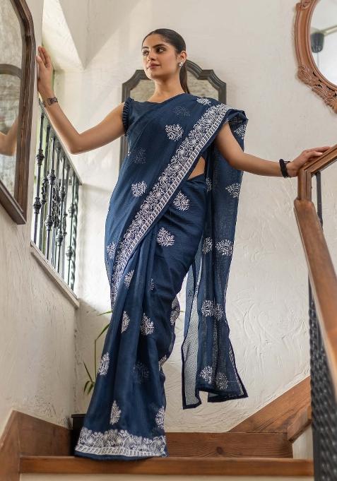 Blue Printed Cotton Blend Saree Set — view on Indya