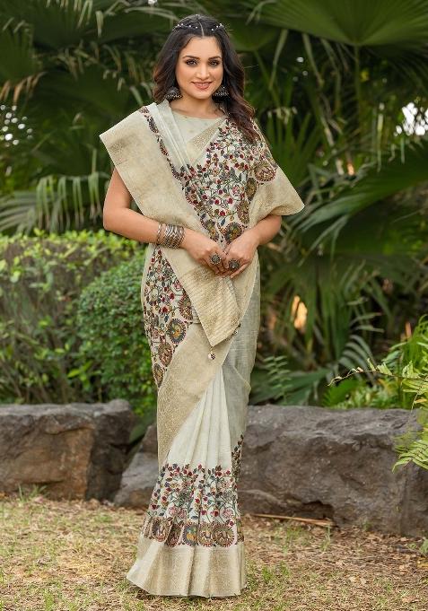 Off White Printed Viscose Silk Saree Set — view on Indya