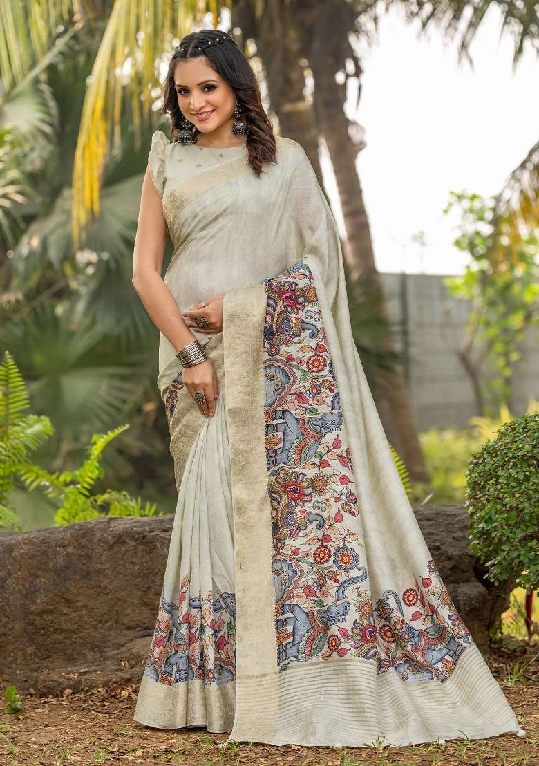 Beige Printed Viscose Silk Blend Saree Set - Indya