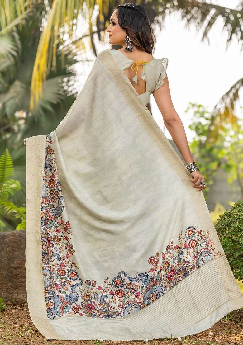 Beige Printed Viscose Silk Blend Saree Set - Indya