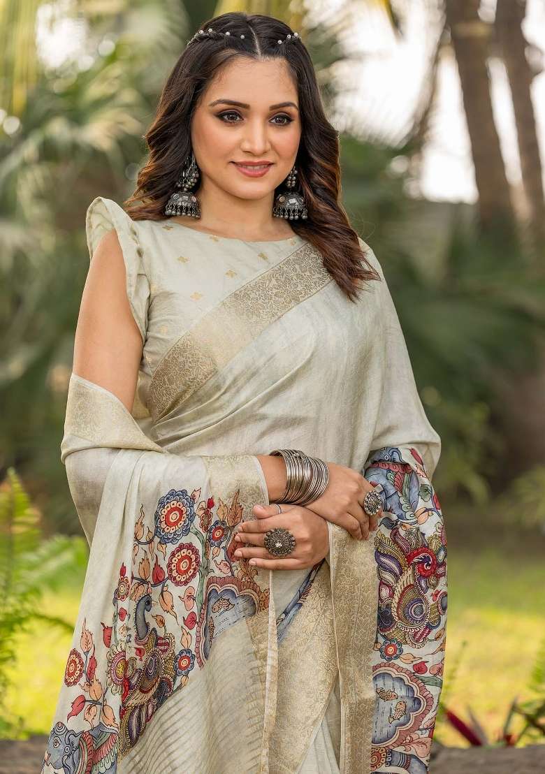Beige Printed Viscose Silk Blend Saree Set - Indya