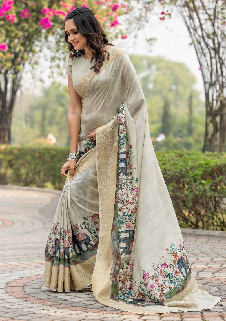 Beige Printed Viscose Silk Blend Saree Set - Indya