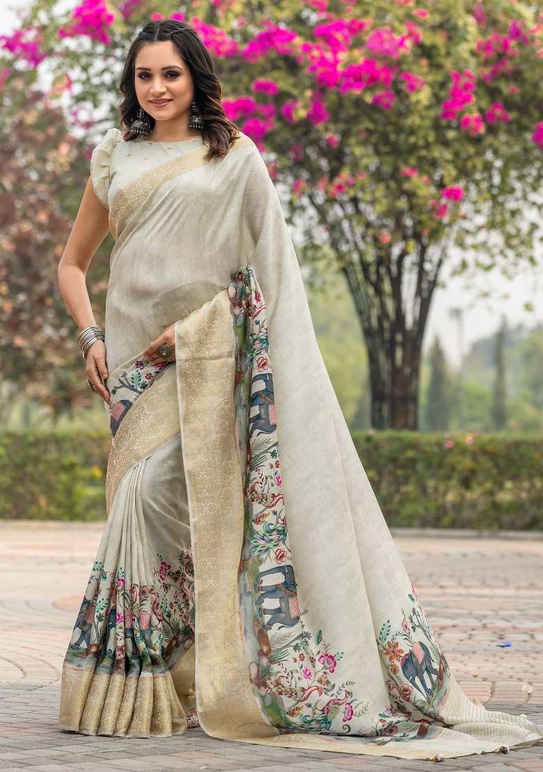 Beige Printed Viscose Silk Blend Saree Set - Indya