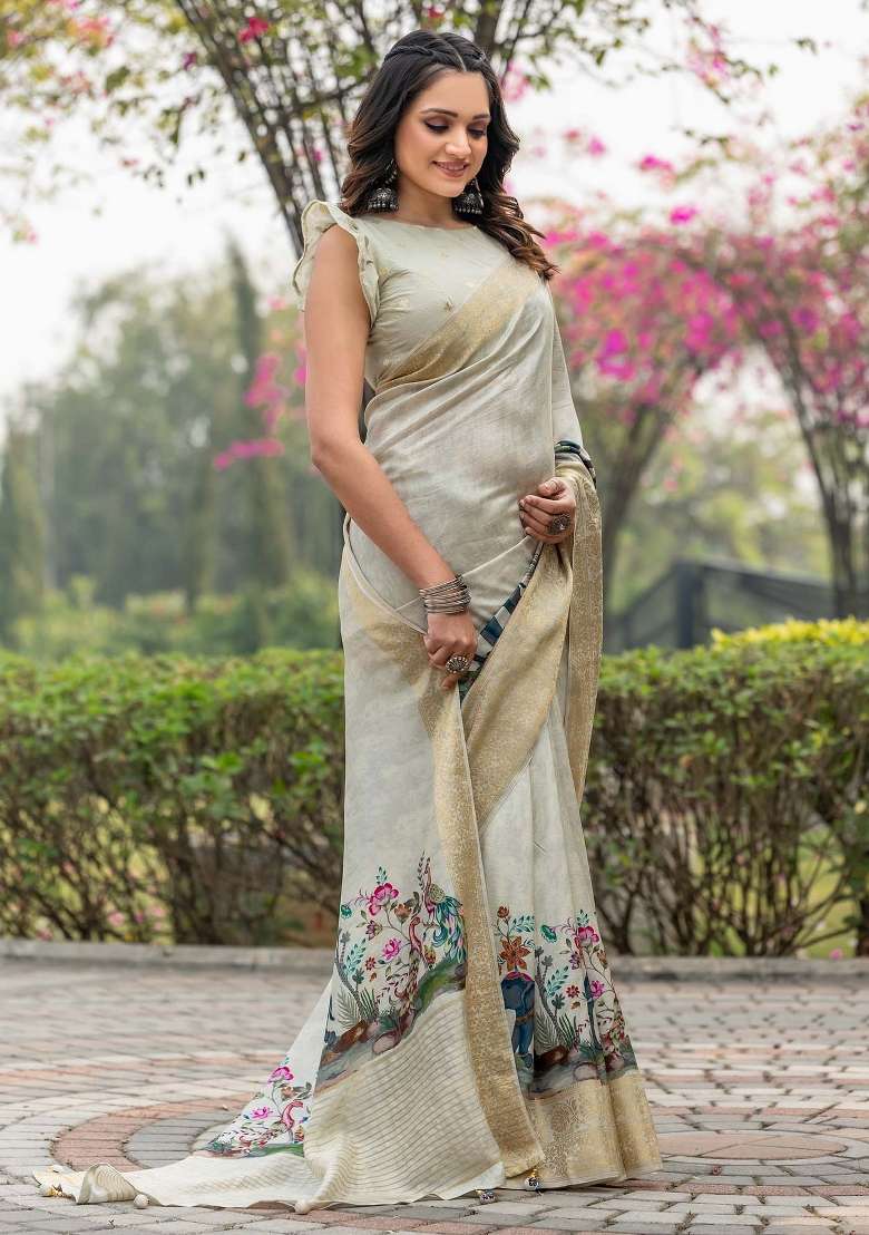 Beige Printed Viscose Silk Blend Saree Set - Indya