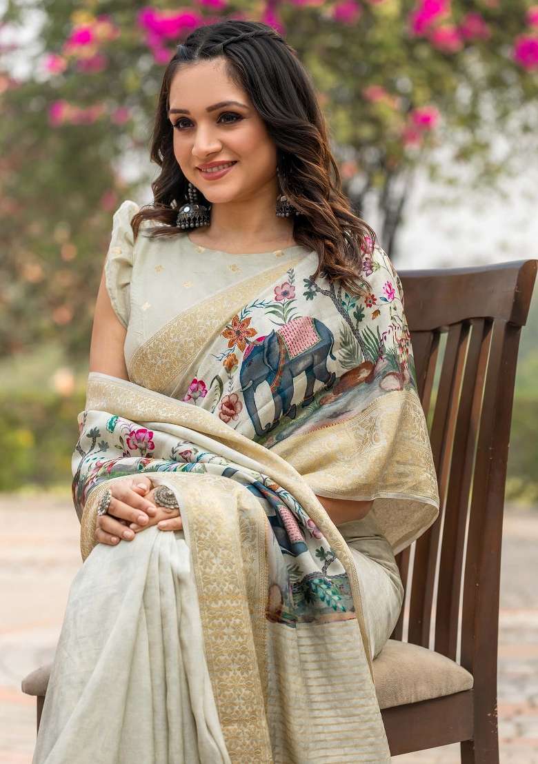 Beige Printed Viscose Silk Blend Saree Set - Indya