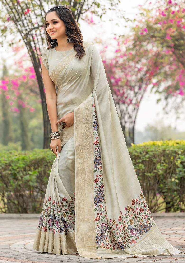 Beige Printed Viscose Silk Blend Saree Set - Indya