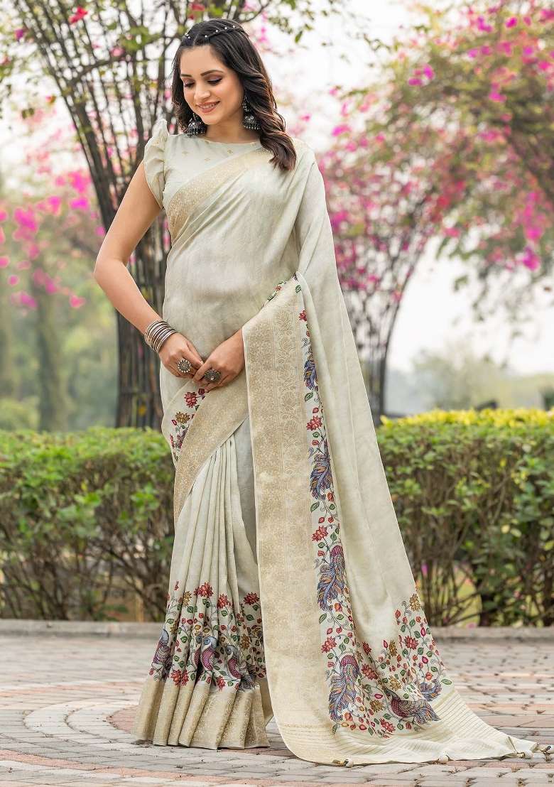 Beige Printed Viscose Silk Blend Saree Set - Indya