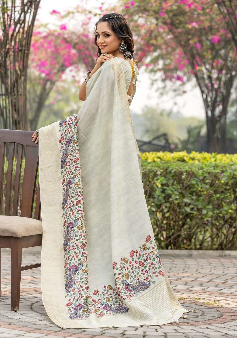 Beige Printed Viscose Silk Blend Saree Set - Indya