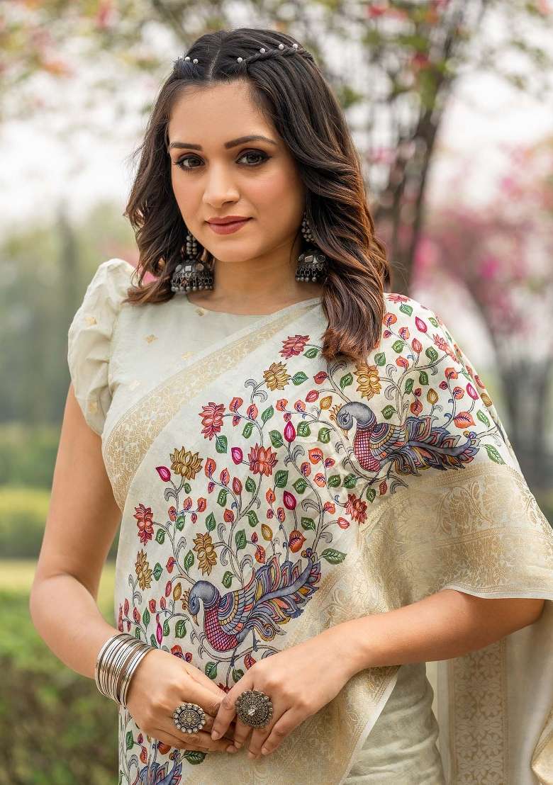 Beige Printed Viscose Silk Blend Saree Set - Indya