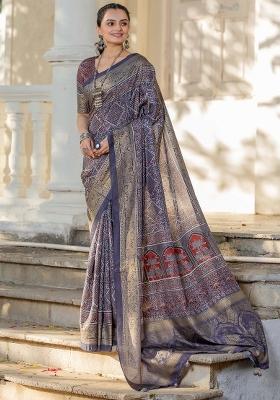 Lavender Printed Viscose Silk Saree Set