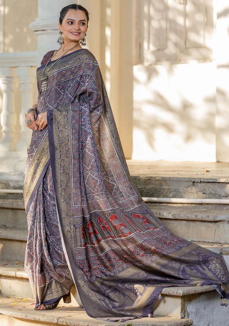 Lavender Printed Viscose Silk Saree Set - Indya