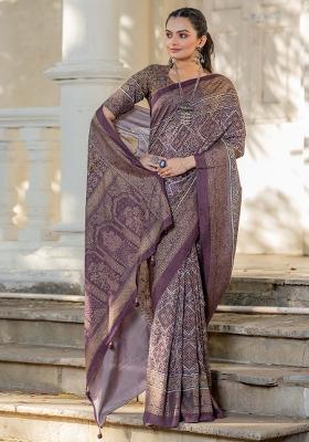 Burgundy Printed Viscose Silk Blend Saree Set