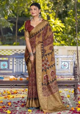 Mustard Printed Viscose Silk Blend Saree Set