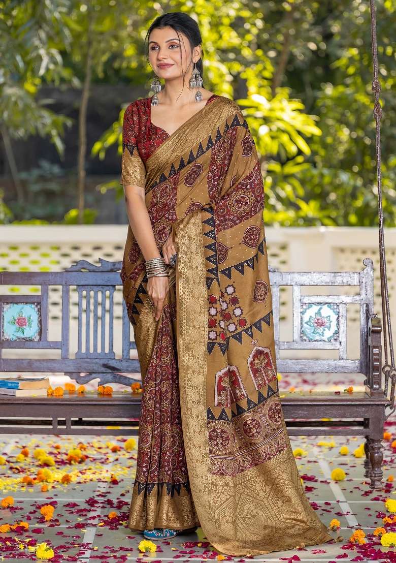 Mustard Printed Viscose Silk Blend Saree Set - Indya