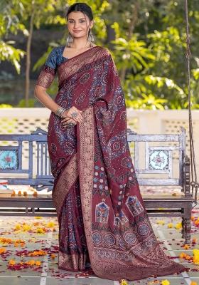 Burgundy Printed Viscose Silk Blend Saree Set