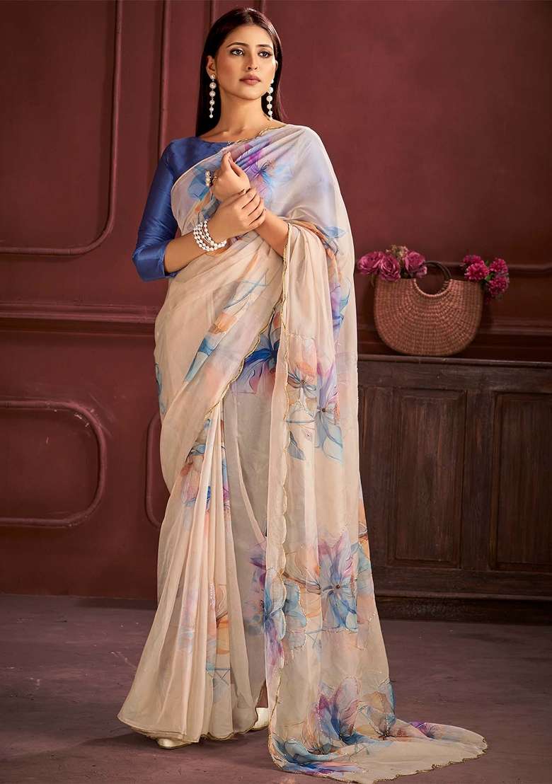 Beige Printed Organza Saree Set - Indya