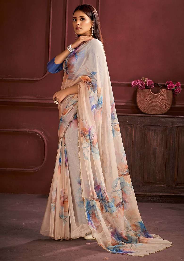 Beige Printed Organza Saree Set - Indya