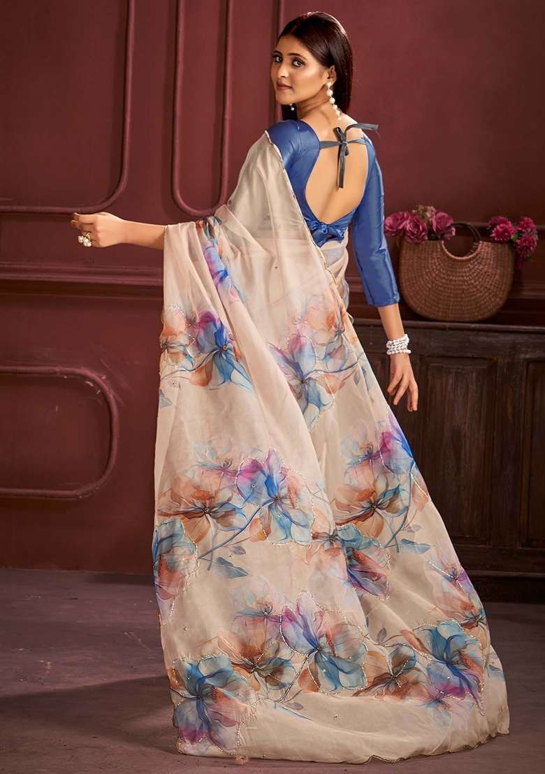 Beige Printed Organza Saree Set - Indya