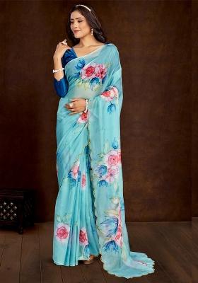 Light Blue Printed Organza Saree Set