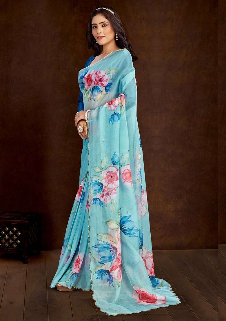 Light Blue Printed Organza Saree Set - Indya