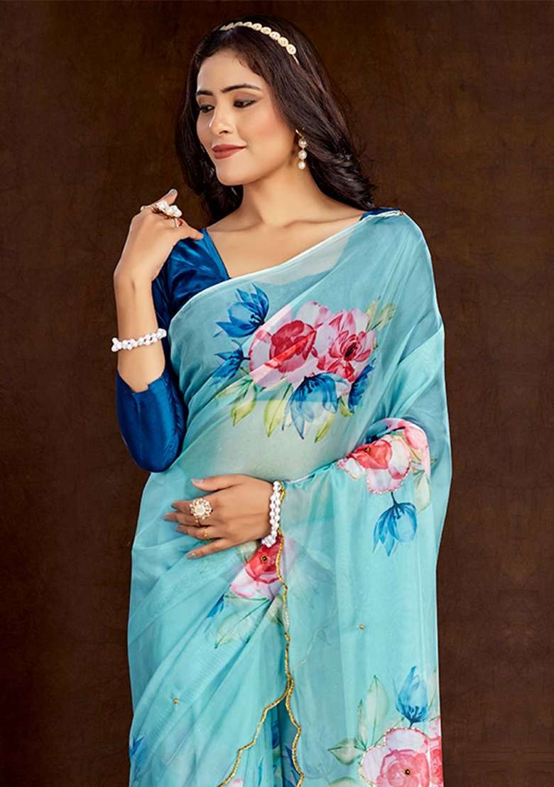 Light Blue Printed Organza Saree Set - Indya