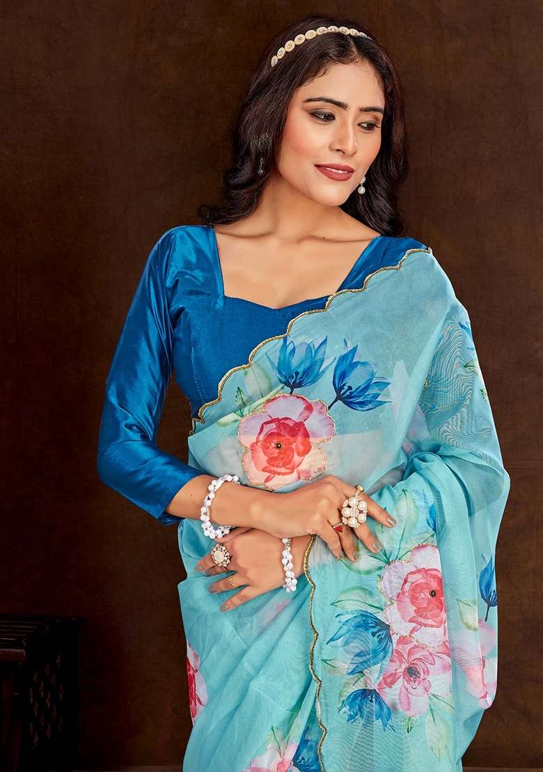 Light Blue Printed Organza Saree Set - Indya