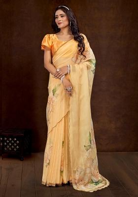 Yellow Printed Organza Saree Set