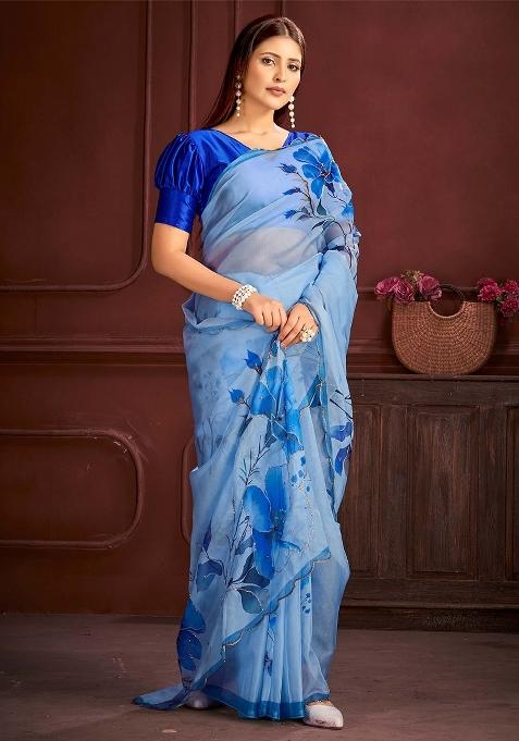 Blue Printed Organza Saree Set — view on Indya
