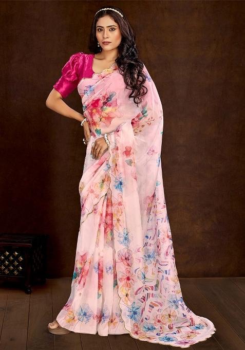 Pink Printed Organza Saree Set — view on Indya