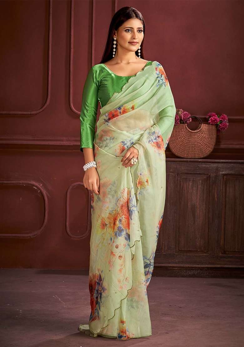 Light Green Printed Organza Saree Set - Indya