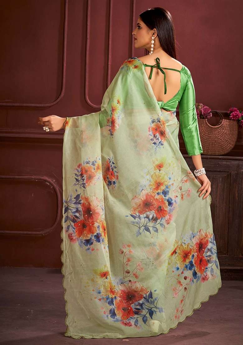 Light Green Printed Organza Saree Set - Indya