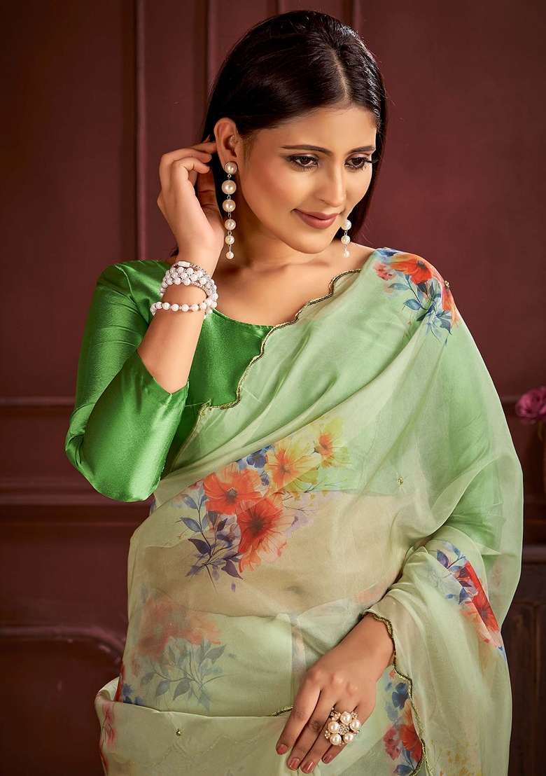Light Green Printed Organza Saree Set - Indya