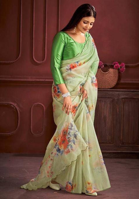 Light Green Printed Organza Saree Set — view on Indya