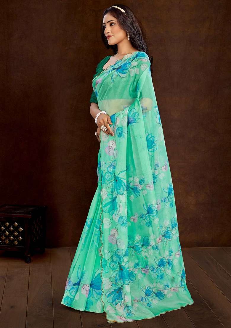 Turquoise Printed Organza Saree Set - Indya