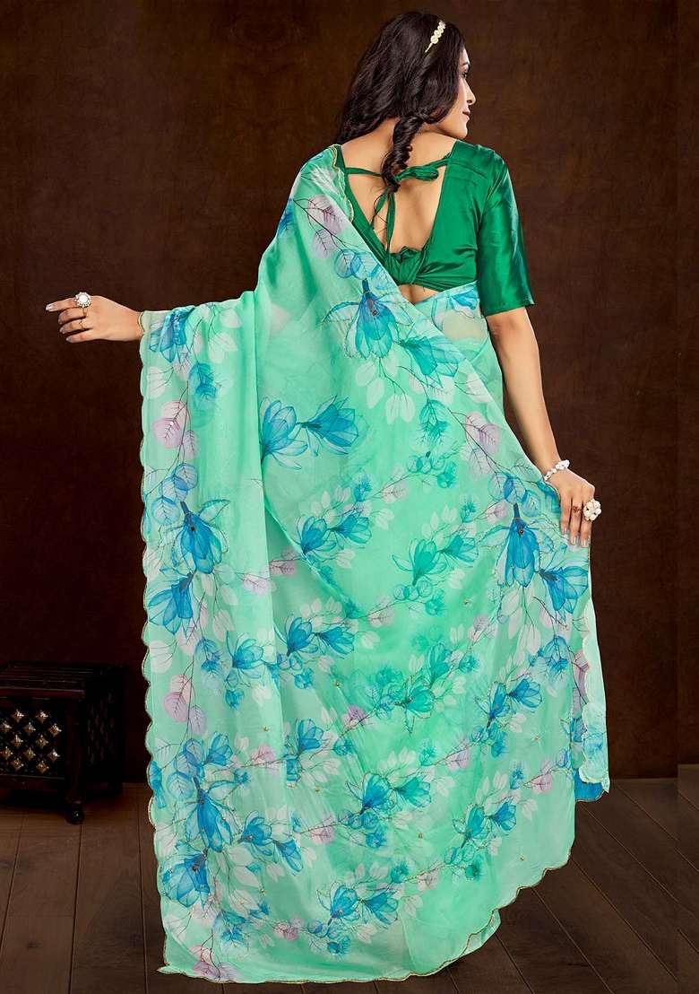 Turquoise Printed Organza Saree Set - Indya
