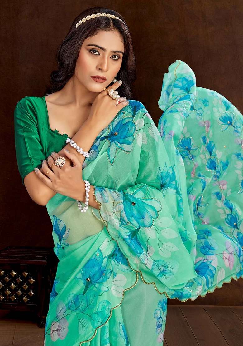 Turquoise Printed Organza Saree Set - Indya