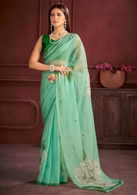 Sea Green Printed Organza Saree Set