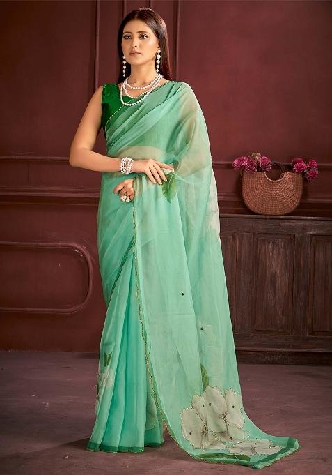 Sea Green Printed Organza Saree Set — view on Indya