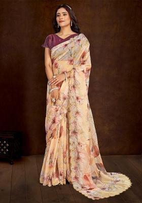Beige Printed Organza Saree Set