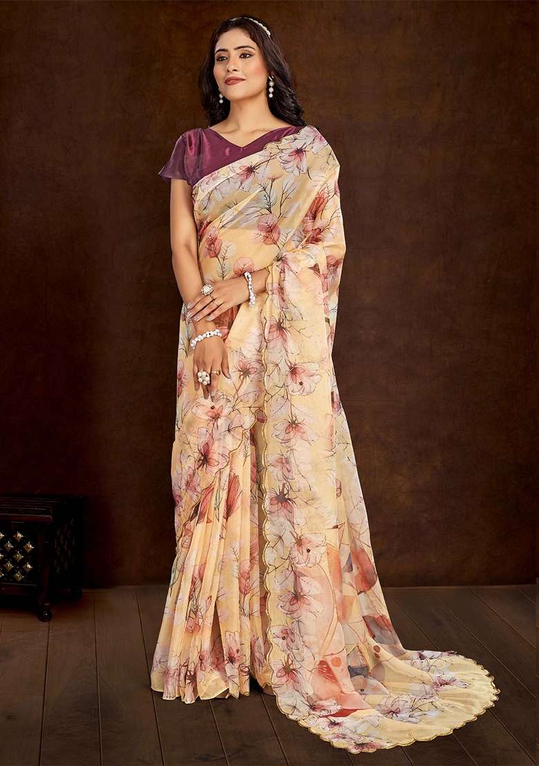 Beige Printed Organza Saree Set - Indya