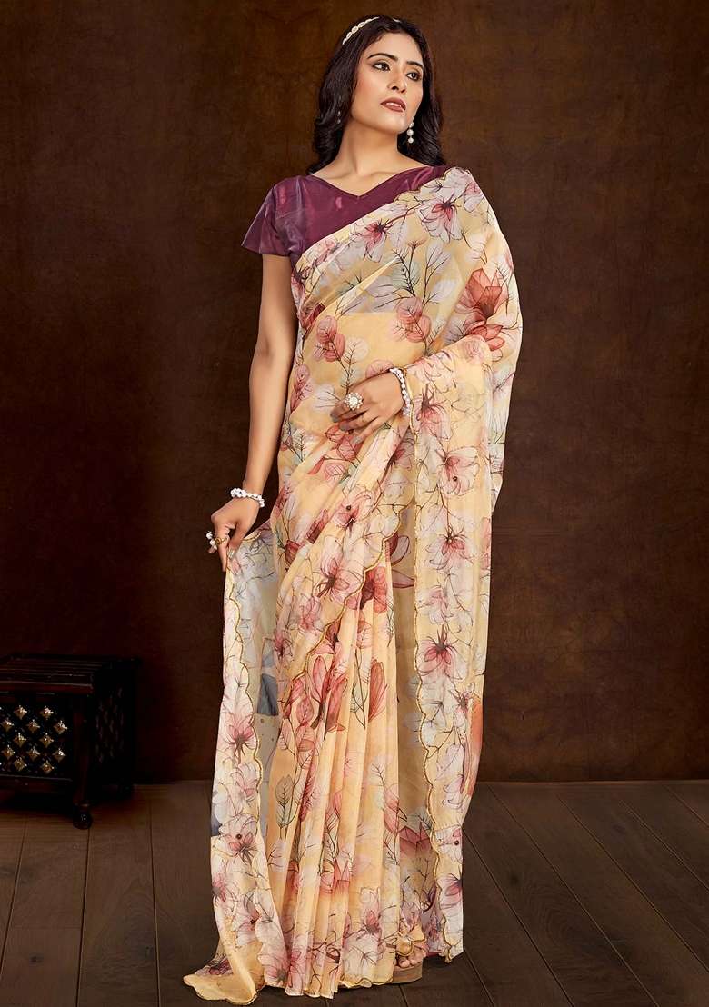 Beige Printed Organza Saree Set - Indya