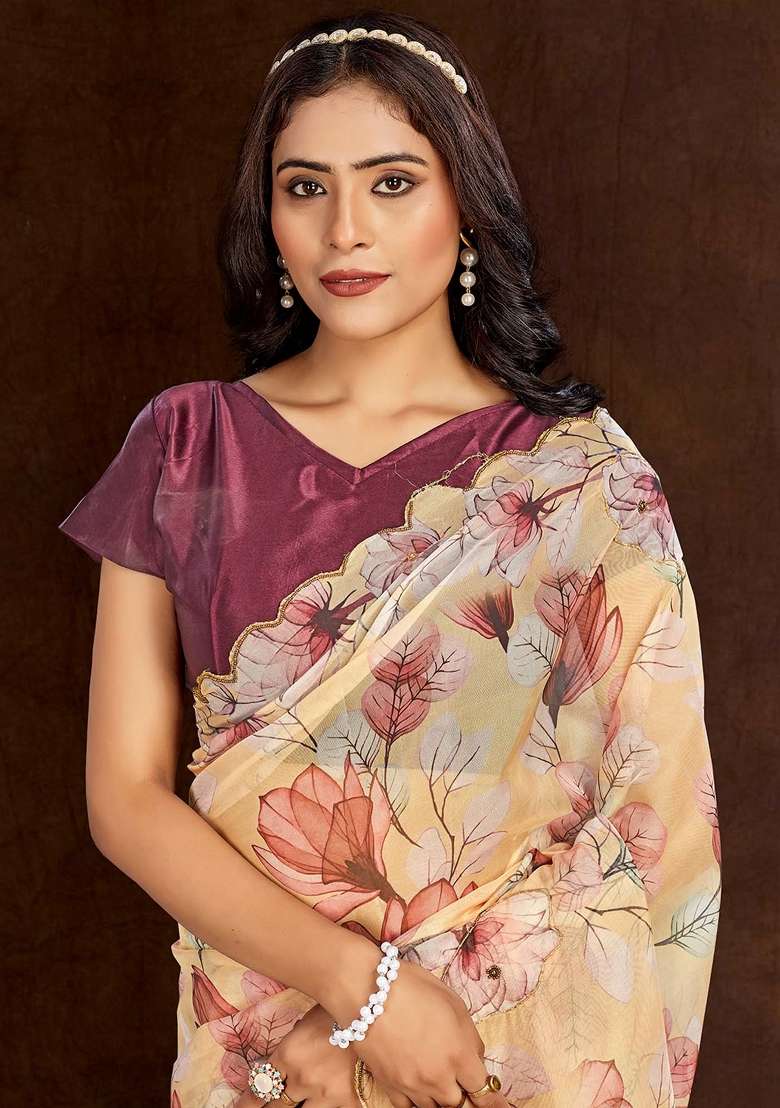 Beige Printed Organza Saree Set - Indya