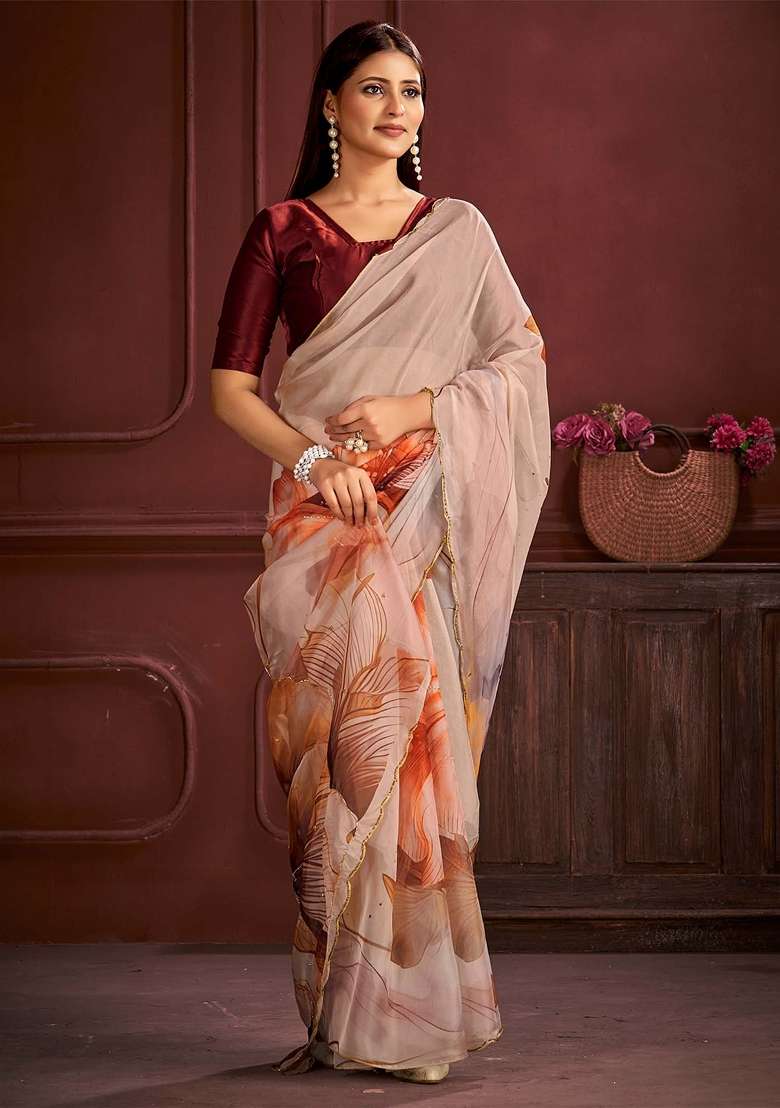 Cream Printed Organza Saree Set - Indya