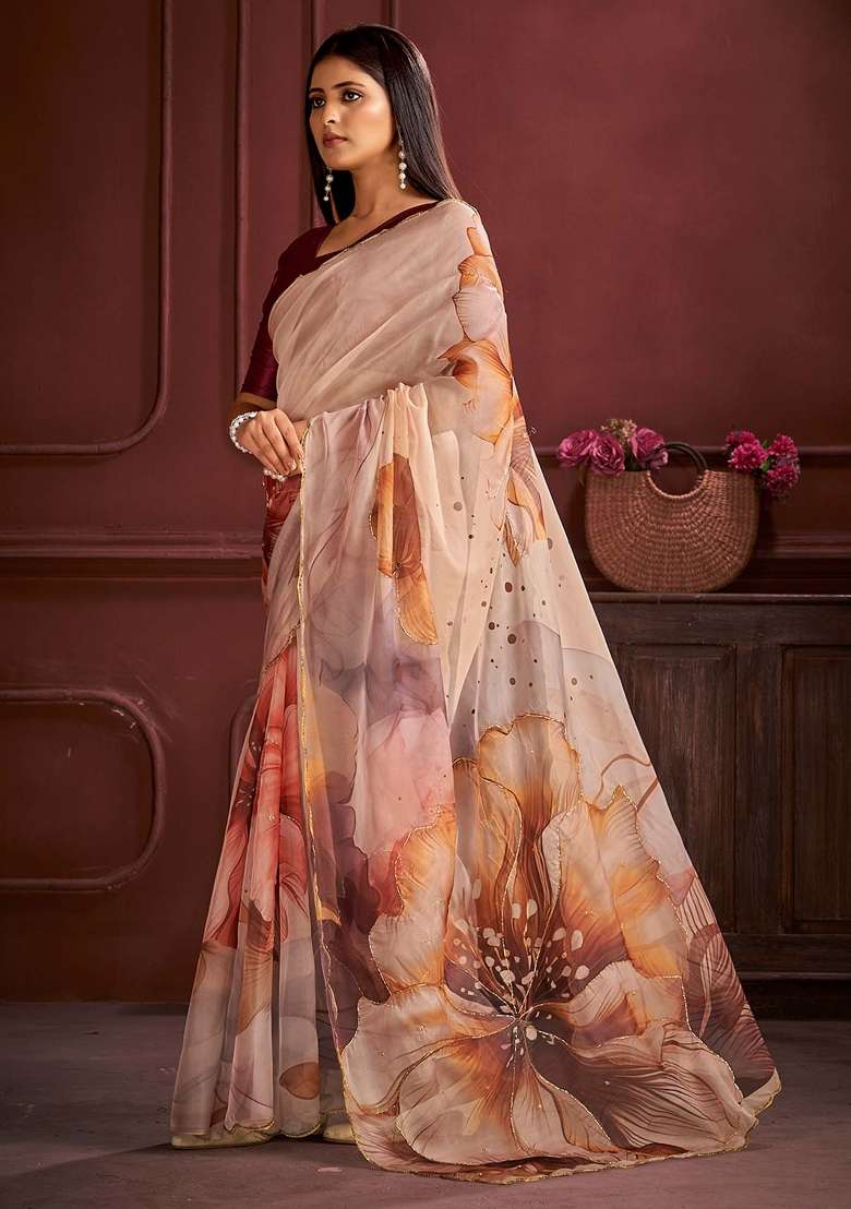 Cream Printed Organza Saree Set - Indya