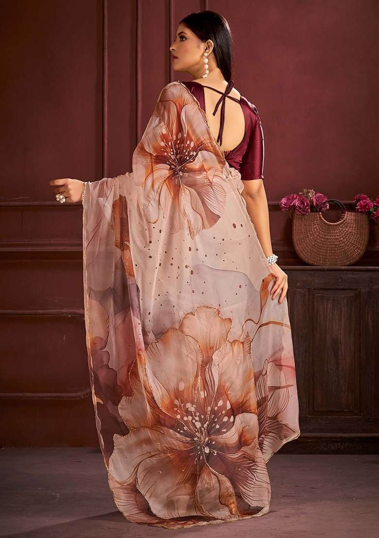 Cream Printed Organza Saree Set - Indya
