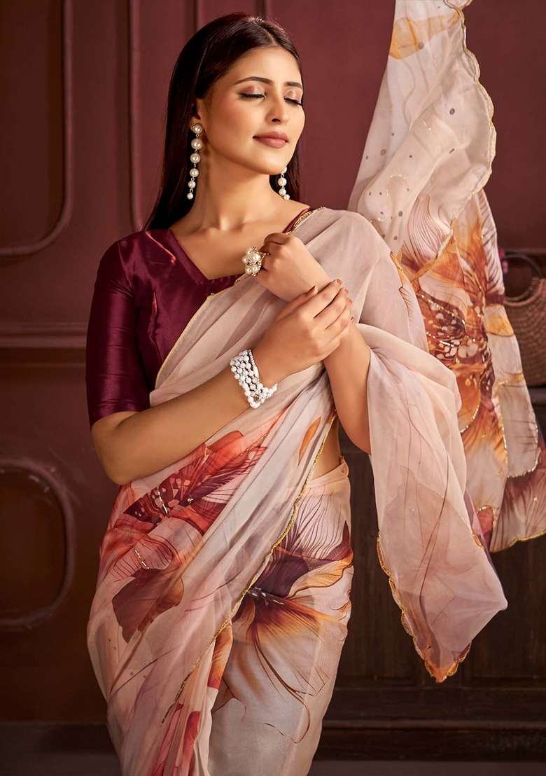 Cream Printed Organza Saree Set - Indya