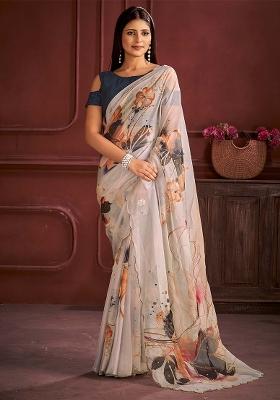 Off White Printed Organza Saree Set