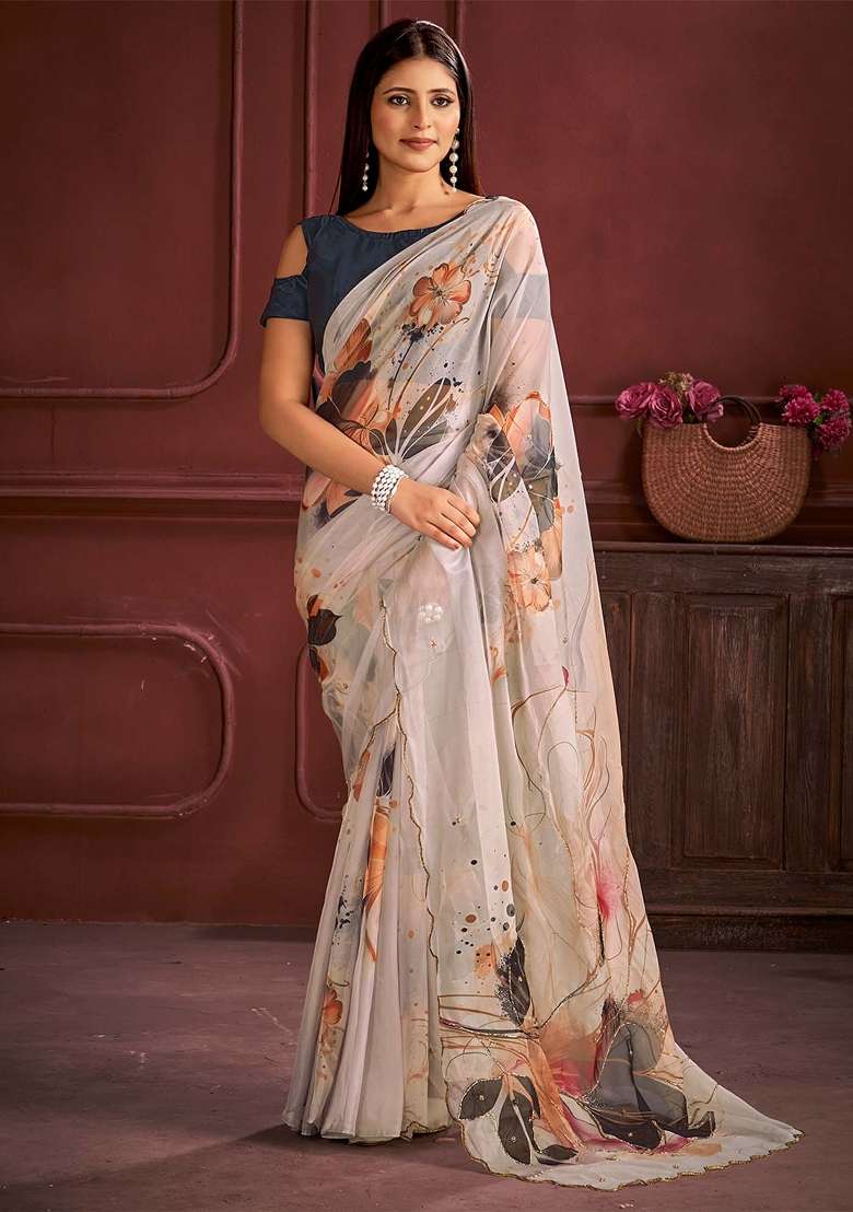 Off White Printed Organza Saree Set - Indya