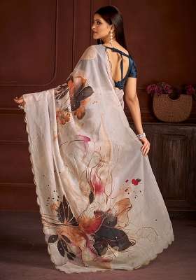 Off White Printed Organza Saree Set - Indya