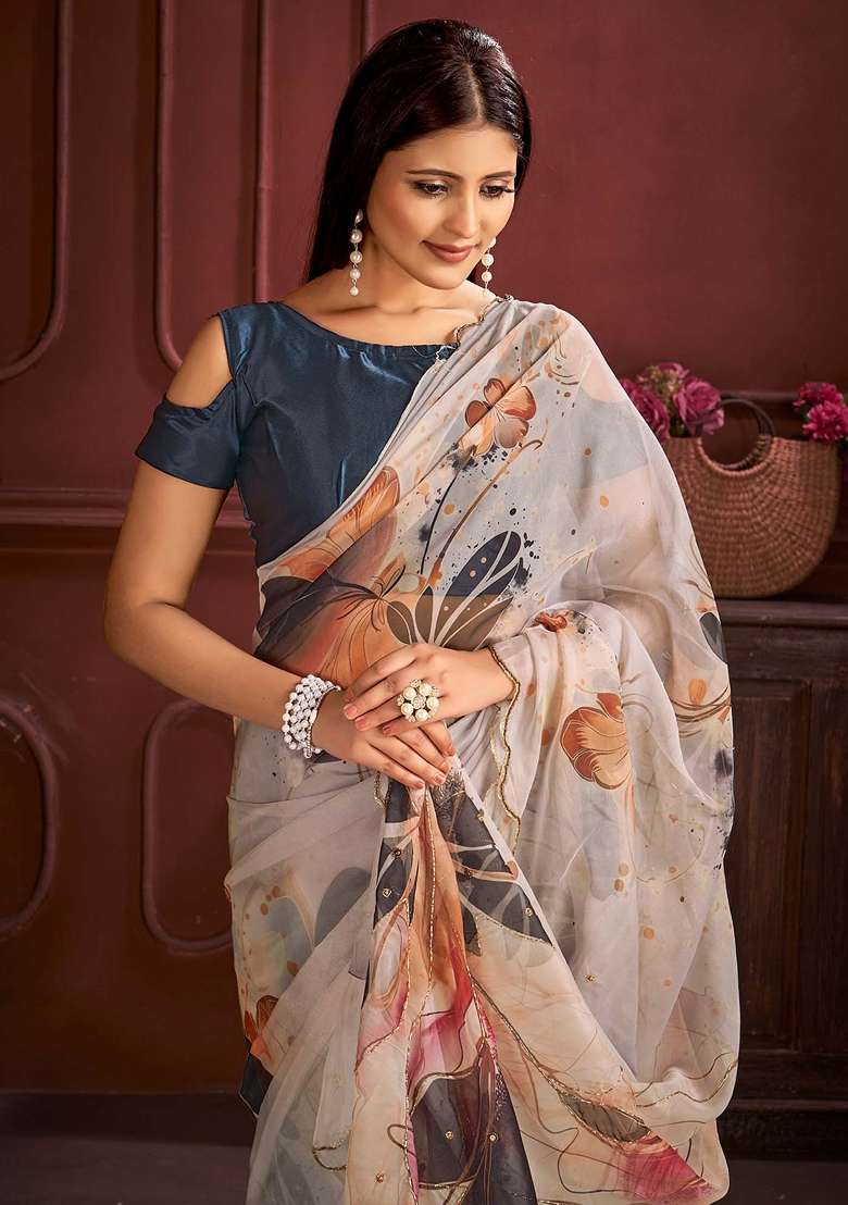 Off White Printed Organza Saree Set - Indya